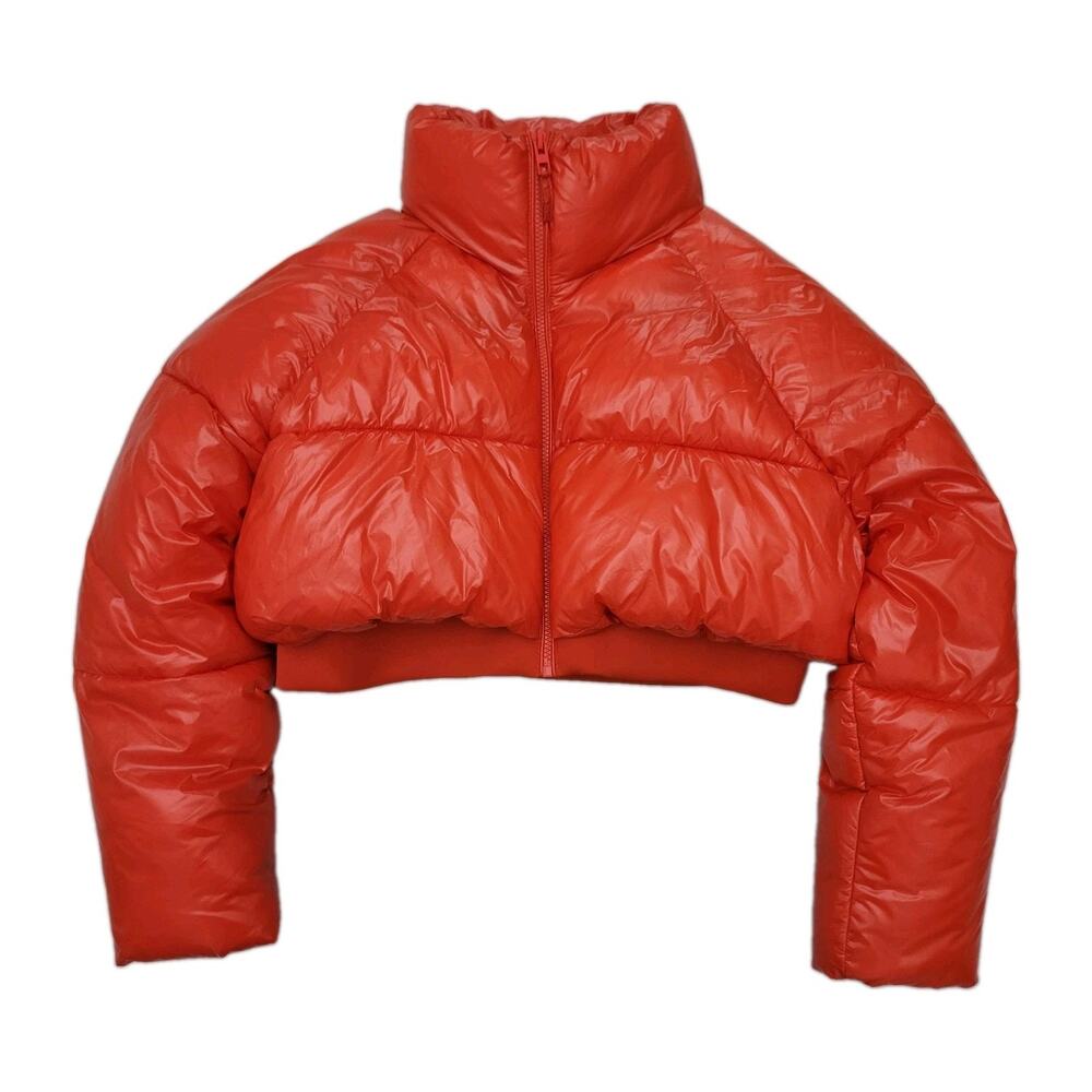 Zara Cropped Puffer Jacket Glossy Red Size L